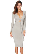 Grey Multi-way Deep V Neck Knot Tie Long Sleeve Midi Dress