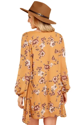 Mustard Floral Print V Neck Chiffon Dress