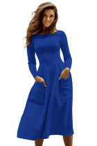 Navy Bateau Collar Casual Big Pocket Skater Dress