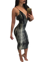Black White Tie Dye Print Spaghetti Strap Dress