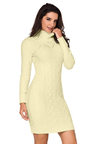 Apricot Cable Knit High Neck Sweater Dress