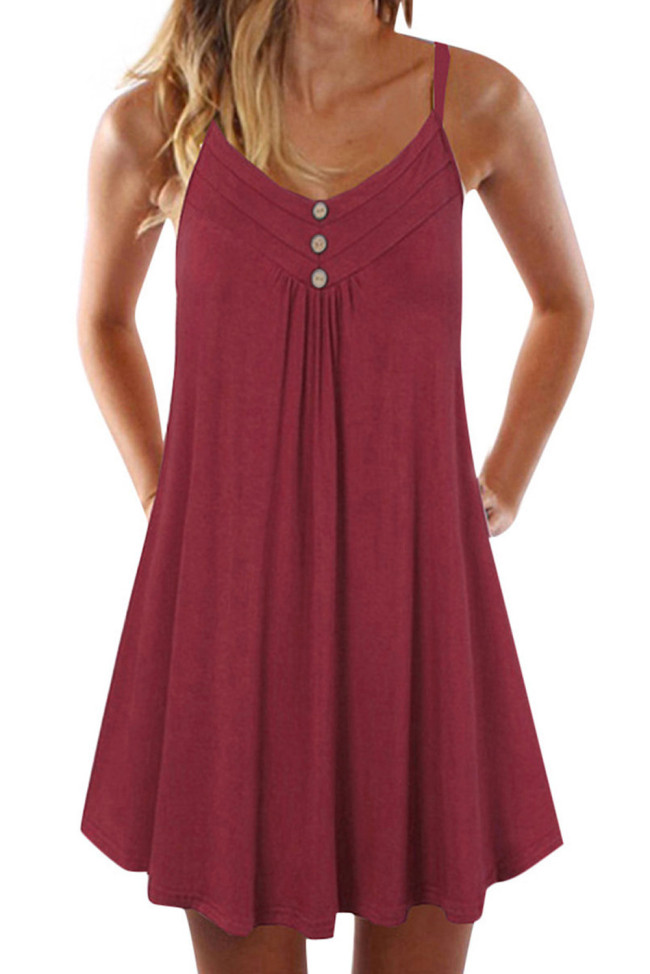 Burgundy Spaghetti Strap Double Breasted Shift Dress