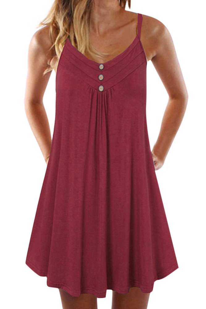 Burgundy Spaghetti Strap Double Breasted Shift Dress
