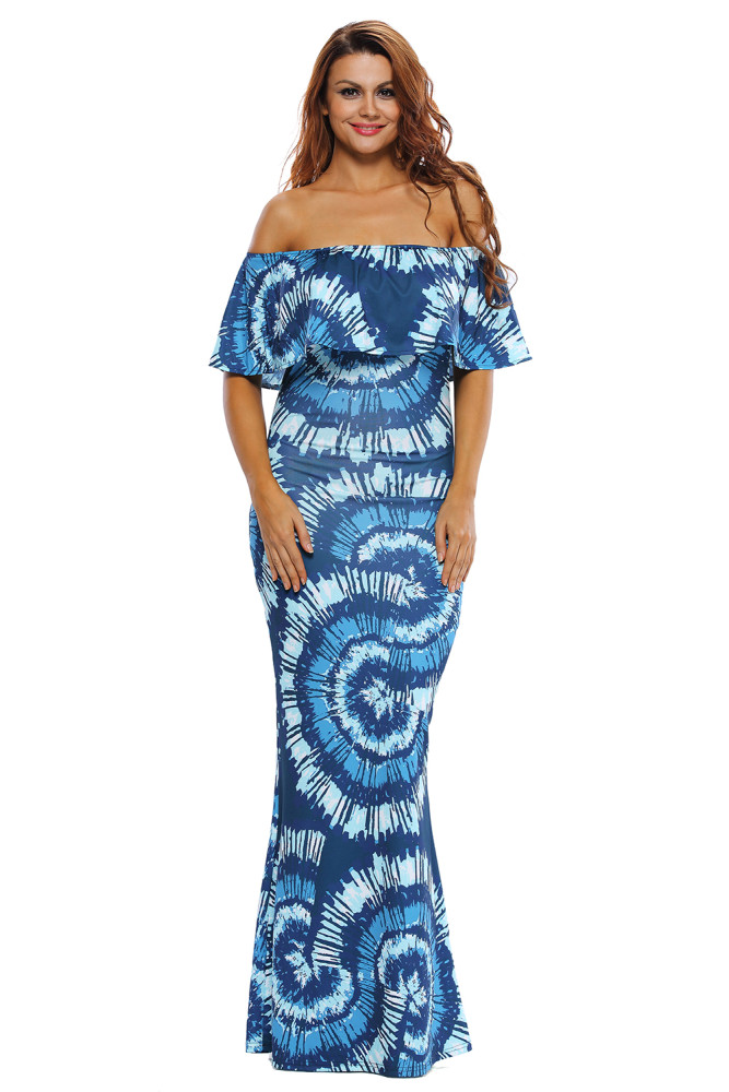 Color Gradient Fanshape Print Off-the-shoulder Maxi Dress