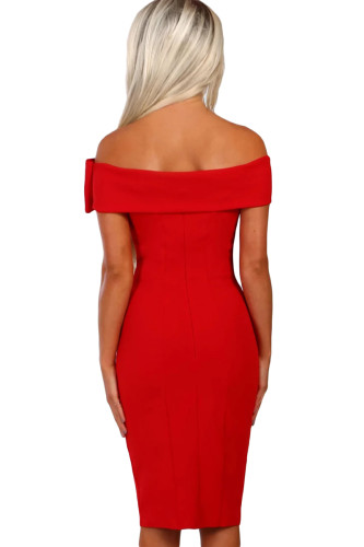 Red Bow Detail Bardot Bodycon Midi Dress