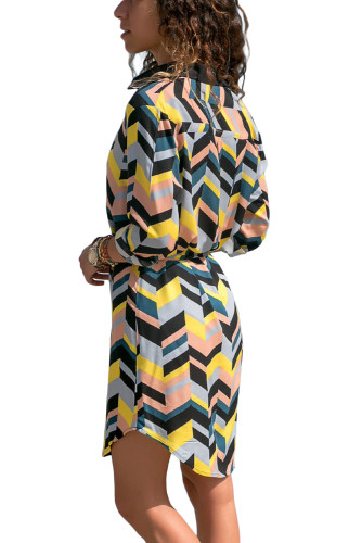 Multicolor Blocked Print Button V Neck Shirt Dress