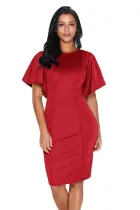 Red Flutter Sleeve Back Slit Sheath Dress