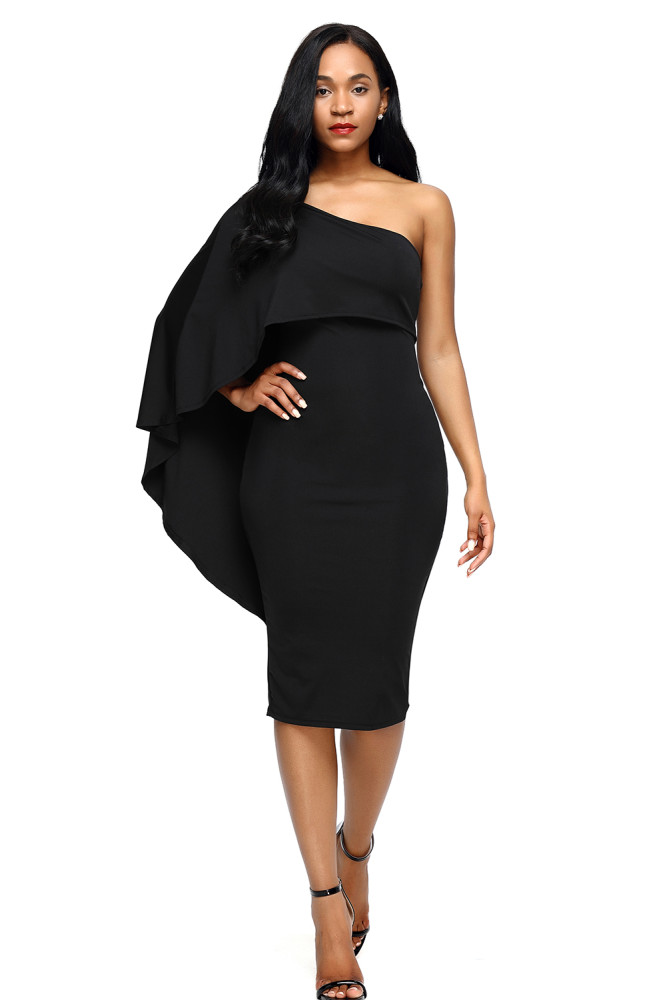 Black Batwing Sleeve One Shoulder Sheath Dress
