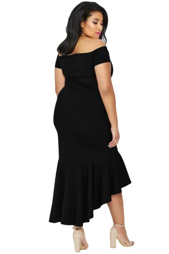 Black Plus Size Dip Hem Fishtail Midi Dress
