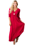Red Surplice Neck High Waist Pleated Pocket Maxi Dress