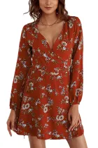 Burgundy Long Sleeve V Neck Floral Wrap Dress