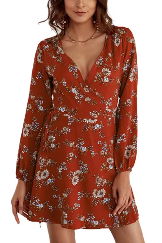 Burgundy Long Sleeve V Neck Floral Wrap Dress