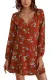 Burgundy Long Sleeve V Neck Floral Wrap Dress