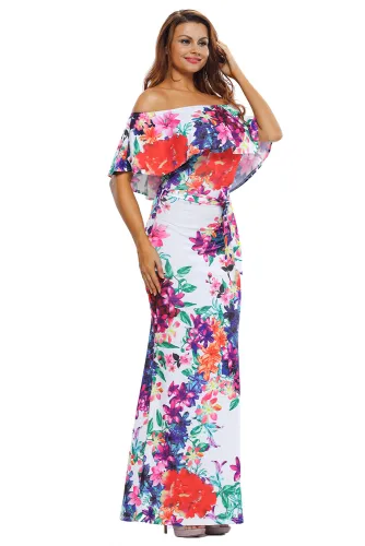 Multi-color Floral Print Off-the-shoulder Maxi Dress