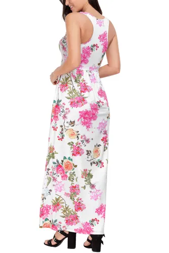 Light Mint Floral Print Sleeveless Long Boho Dress