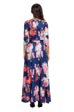 Navy Floral Print Wrapped Long Boho Dress
