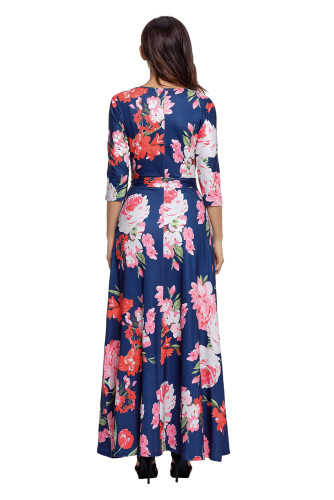 Navy Floral Print Wrapped Long Boho Dress