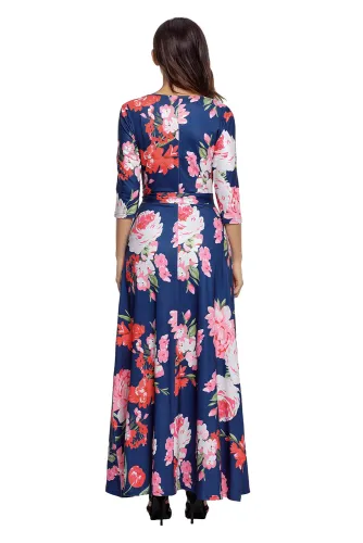 Navy Floral Print Wrapped Long Boho Dress