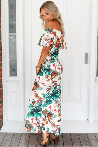 Vibrant Botanic Print Off-the-shoulder Maxi Dress