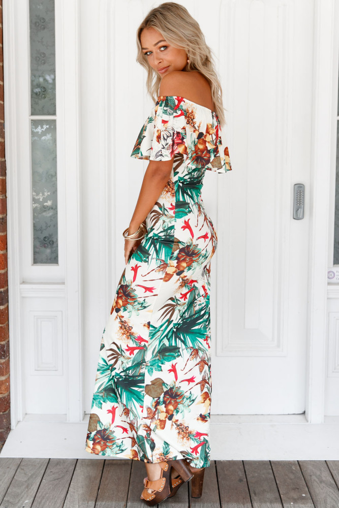 Vibrant Botanic Print Off-the-shoulder Maxi Dress