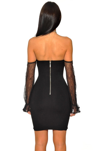 Black Strapless Mesh Off Shoulder Sleeve Stretch Bandage Dress