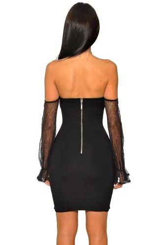 Black Strapless Mesh Off Shoulder Sleeve Stretch Bandage Dress