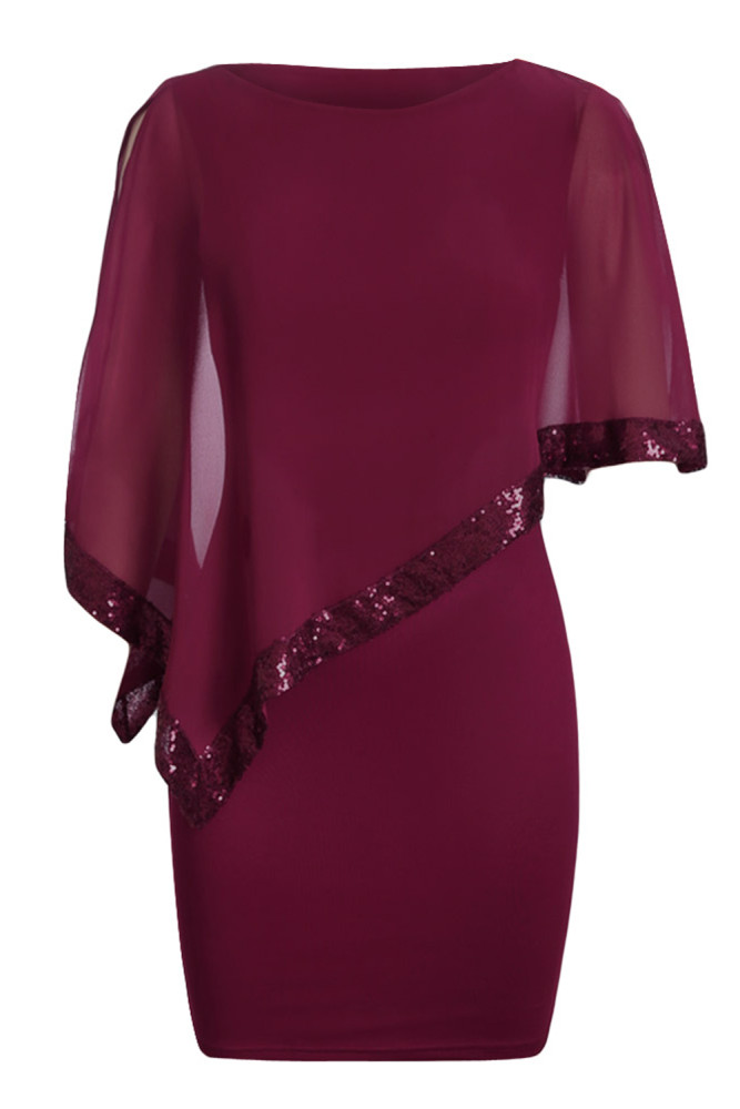 Burgundy Sequined Poncho Mini Dress