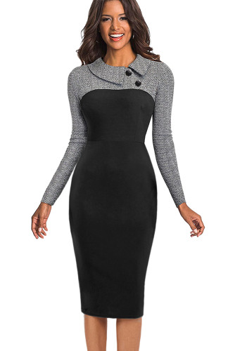 Gray Vintage Turn-Down Collar Pinup Button Midi Dress