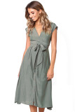 Chic V Neckline Buttons Design Green Midi Dress