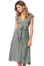 Chic V Neckline Buttons Design Green Midi Dress