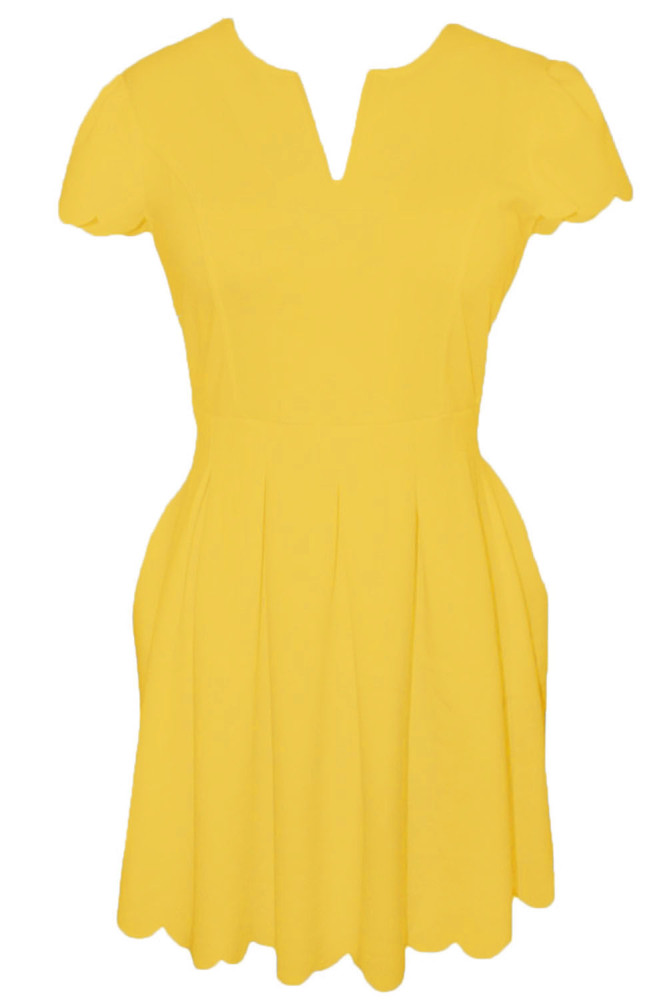 Yellow Sweet Scallop Pleated Skater Dress