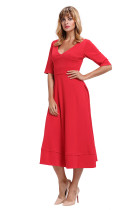Red Half Sleeve V Neck High Waist Flared Dress
