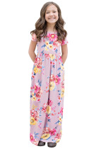 Purple Short Sleeve Floral Print Loose Casual Maxi Dress with Pockets