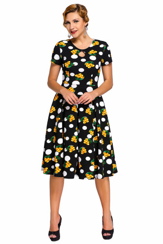 Dot Floral Print Keyhole Vintage Swing Dress