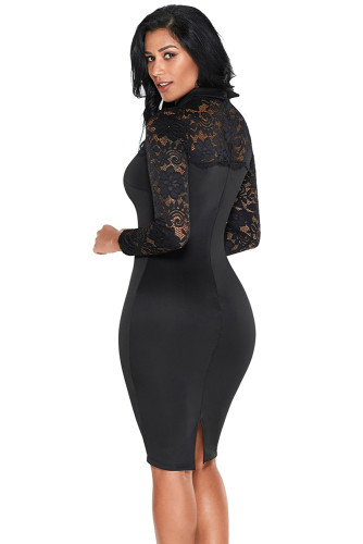 Black Lace Sleeve Doll Collar Bodycon Retro Midi Dress