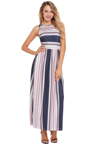 Navy Red Multi Striped Pocket Style Maxi Tank Dress