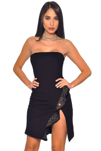 Black Strapless Ruffled Side Slit Party Bandage Dress