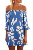 Blue Off Shoulder Floral Print Boho Dress