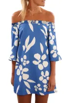Blue Off Shoulder Floral Print Boho Dress