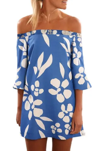 Blue Off Shoulder Floral Print Boho Dress