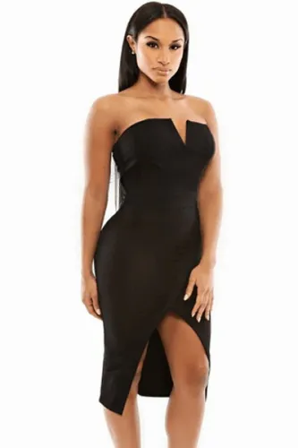 Black V Cut Bust Slim Fit Front Slit Midi Dress