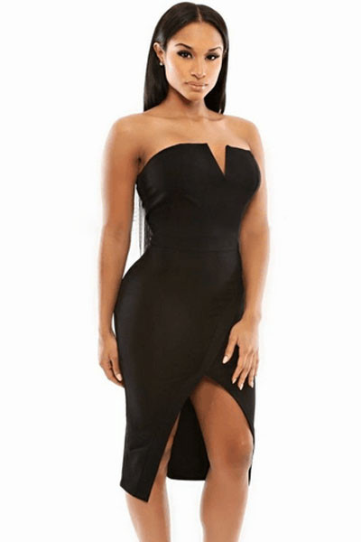 Black V Cut Bust Slim Fit Front Slit Midi Dress