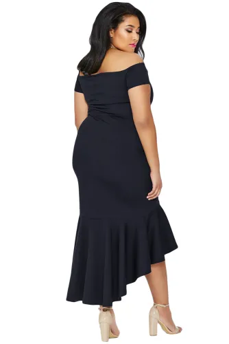 Navy Blue Plus Size Dip Hem Fishtail Midi Dress