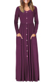 Burgundy Button Front Pocket Style Casual Long Dress
