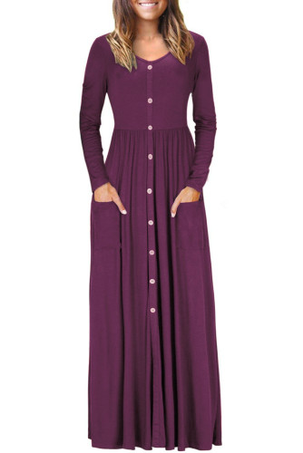 Burgundy Button Front Pocket Style Casual Long Dress