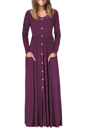 Burgundy Button Front Pocket Style Casual Long Dress
