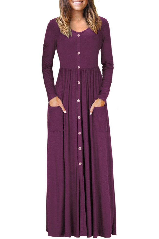 Burgundy Button Front Pocket Style Casual Long Dress