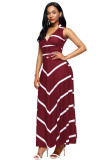 Wine V Neck Cut out Back Printed Maxi Dress