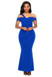 Royal Blue Asymmetric Off Shoulder Look High Waist Party Gown
