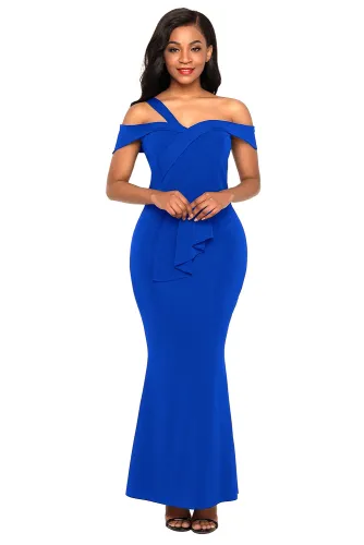 Royal Blue Asymmetric Off Shoulder Look High Waist Party Gown